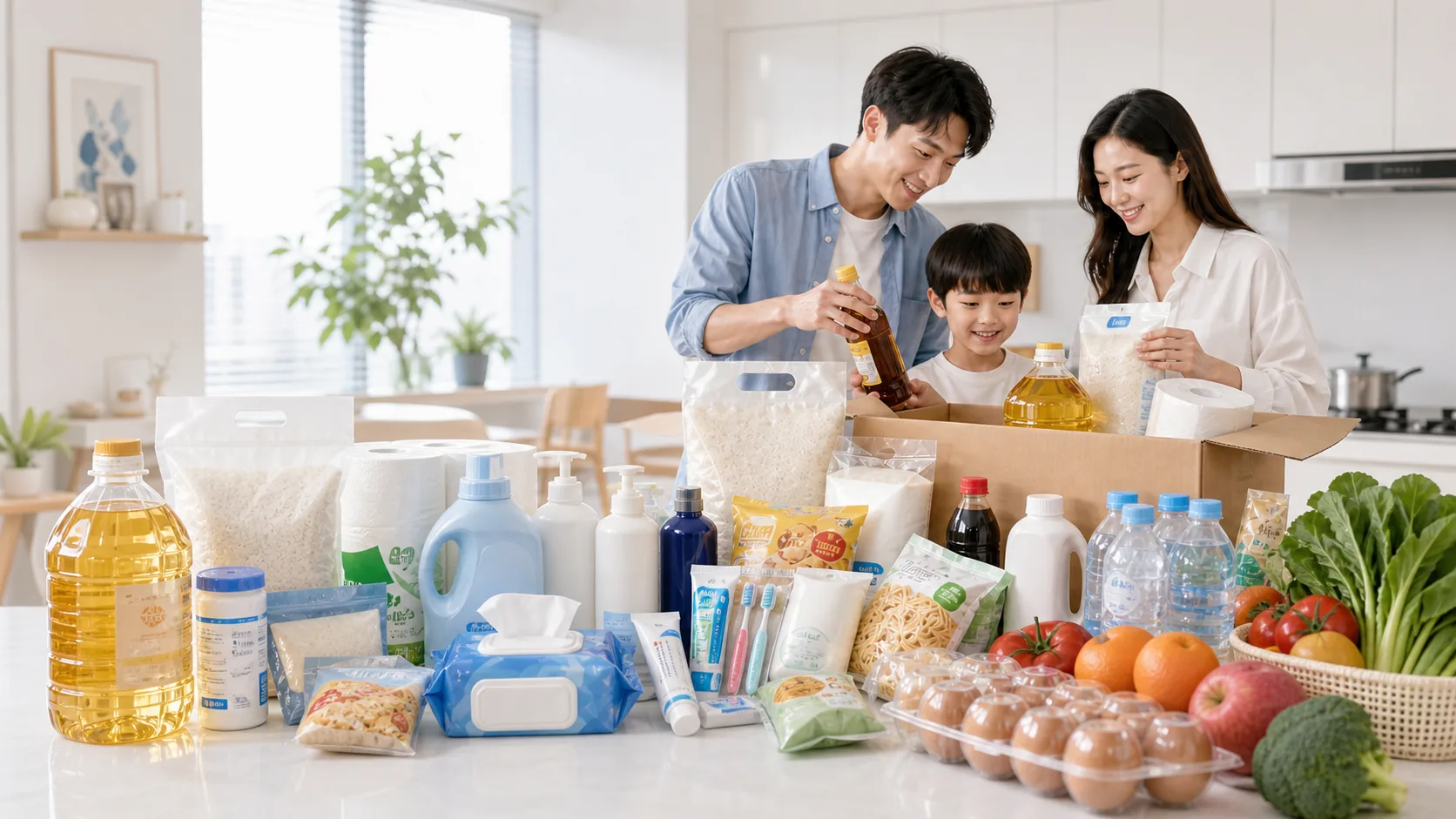 家庭厨房桌面摆放食用油、大米、纸巾、洗护、牙膏、水饮、零食和生鲜商品